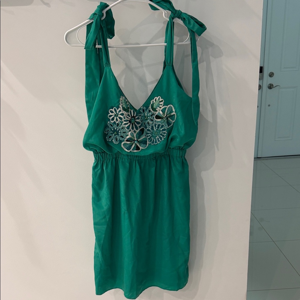 Judith March Green Mini Dress with Floral Embroidery